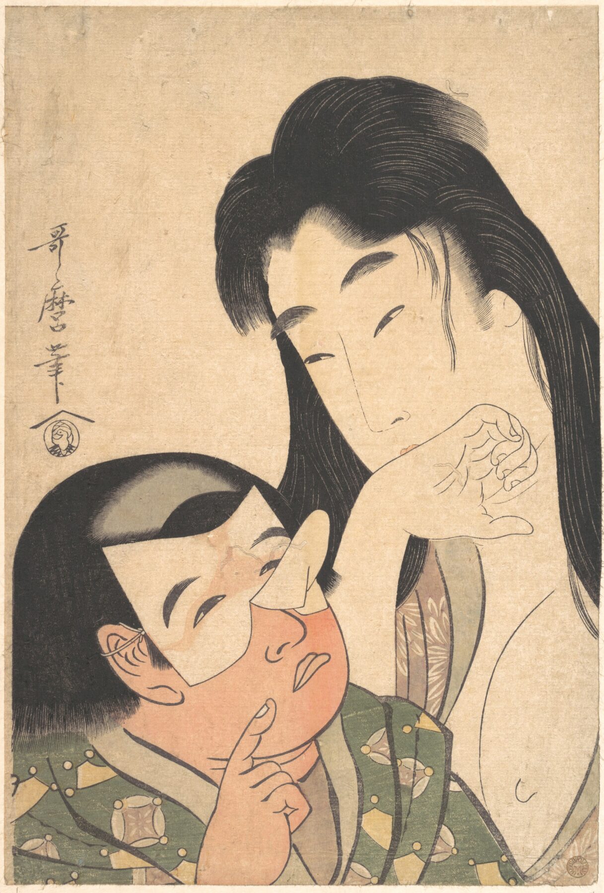 『山姥と金太郎』　喜多川歌麿　1795年頃　木版画（大判錦絵・美人画）　山姥と金太郎の親密な姿を描いた作品