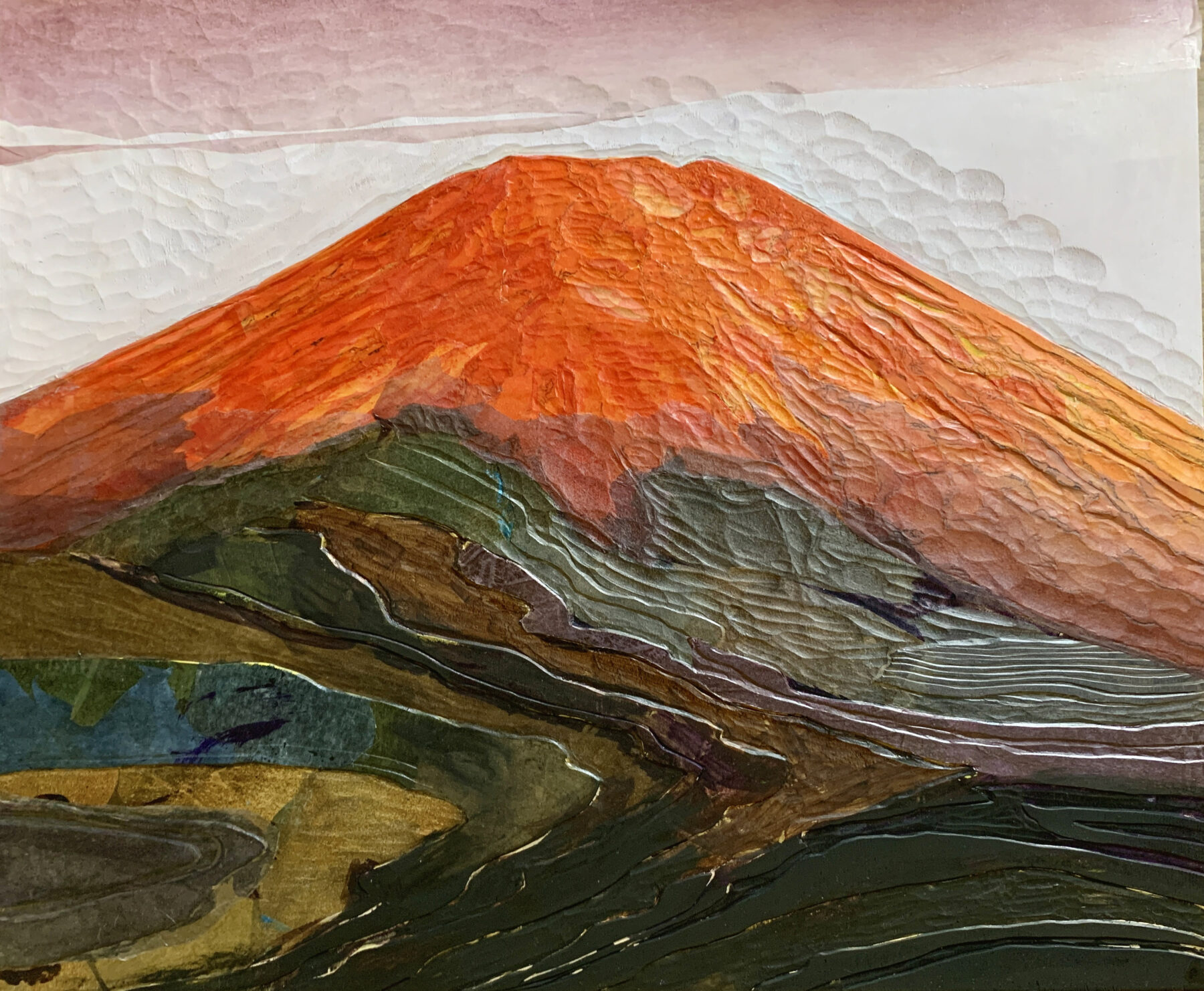『暮色の赤富士 (山中湖より)』ナンシー諸善、F8号(45.5×38cm)、木彫コラージュ