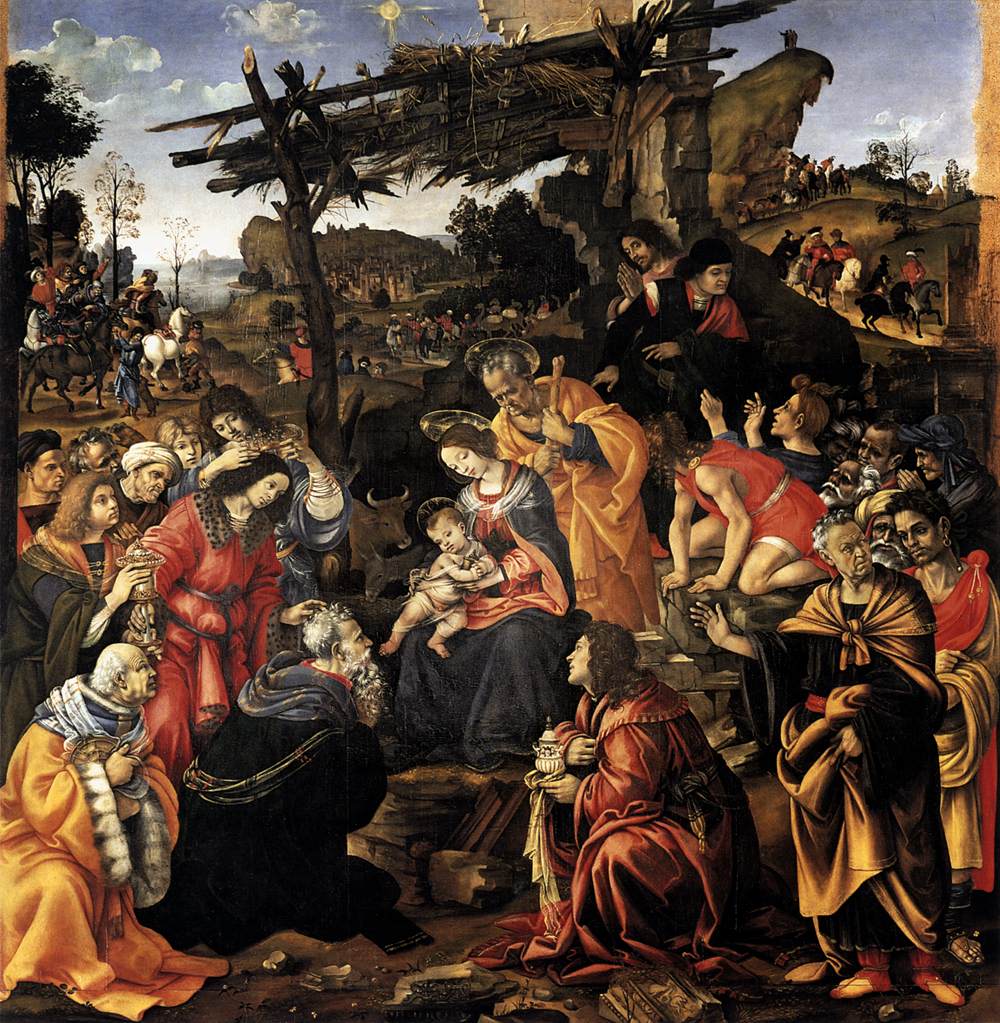 『東方三博士の礼拝』 フィリッピーノ・リッピ 1496年 テンペラ・グラッサ、板 258×243cm ウフィツィ美術館所蔵　Wikimedia Commons ／ Public Domain