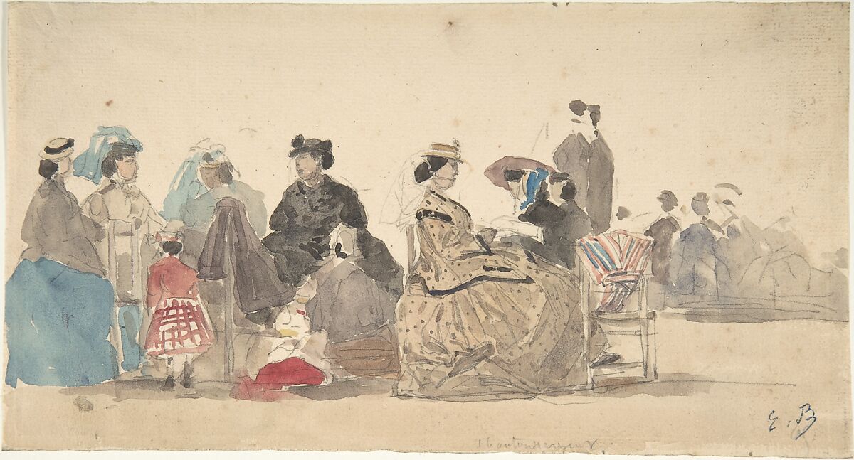 『浜辺』（On the Beach）ウジェーヌ・ブーダン 1865年 鉛筆・水彩 14.4×27.1cm メトロポリタン美術館所蔵
