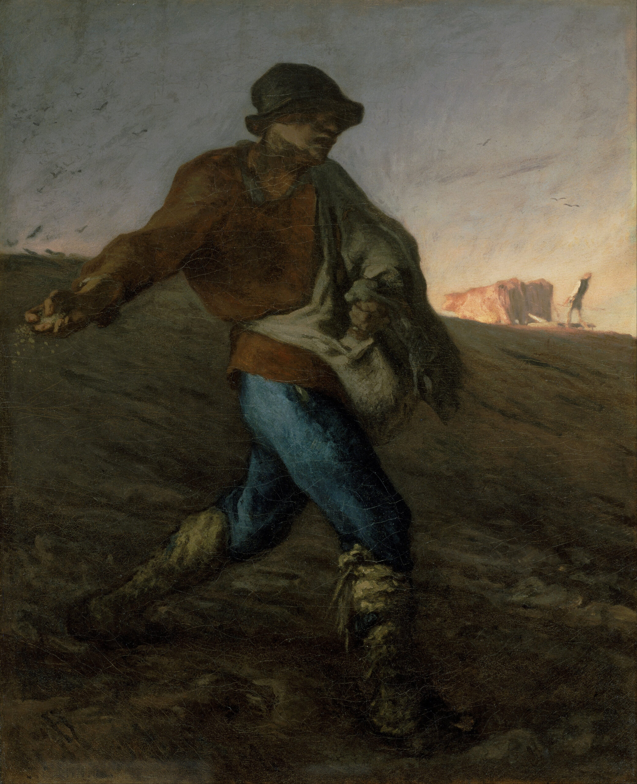 『種をまく人』 ジャン＝フランソワ・ミレー 1850年 油彩・カンヴァス ボストン美術館所蔵　農夫が畑で大きく歩み出して種をまく場面を描いている