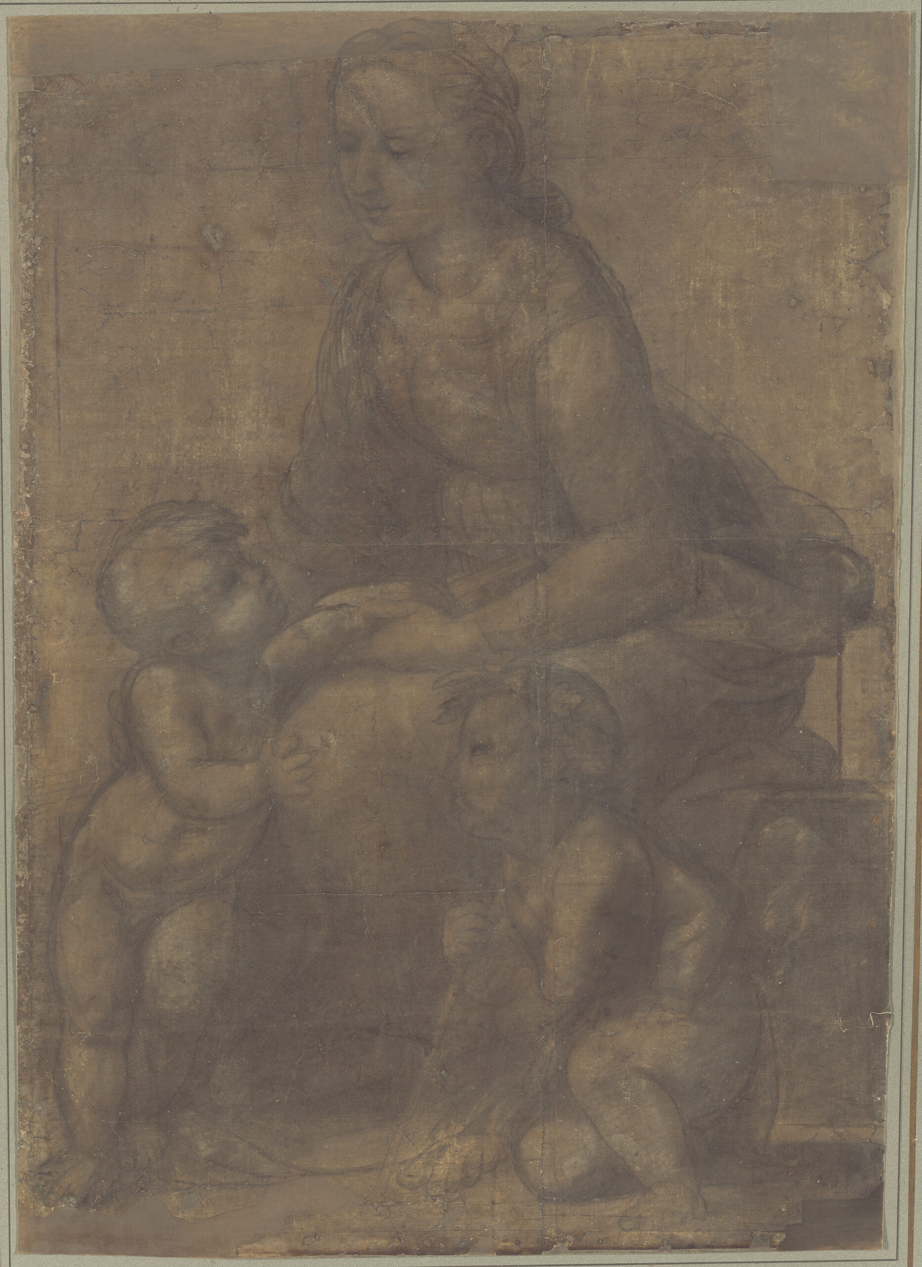 『美しき女庭師』のための下絵（カルトン）　ラファエロ　1507年頃　黒チョーク、白チョーク（転写用の針穴）　約93.8×67cm　ナショナル・ギャラリー・オブ・アート所蔵