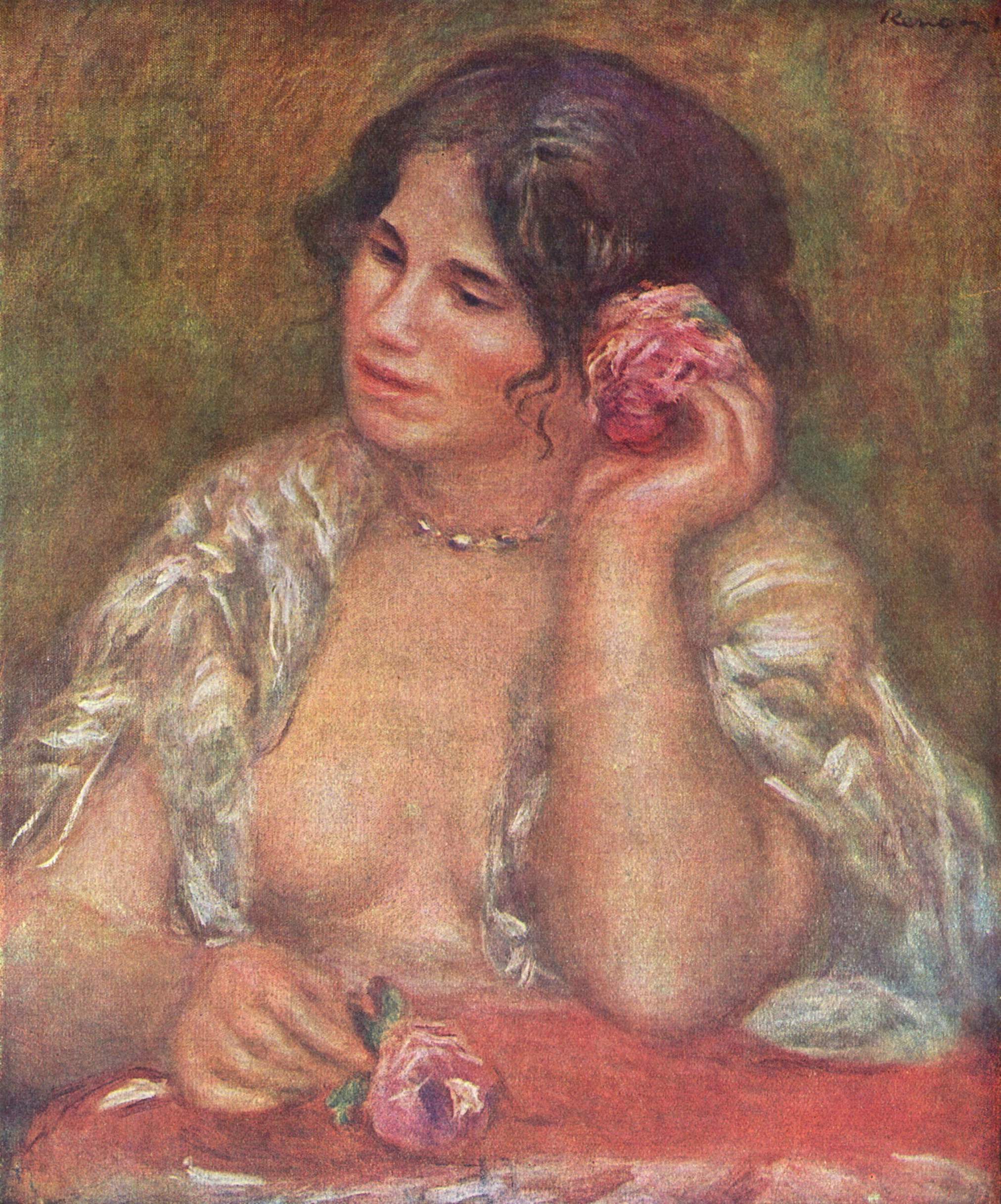 『薔薇を持つガブリエル』　ピエール＝オーギュスト・ルノワール　1911年　油彩・キャンバス　55.5×47cm　オルセー美術館所蔵