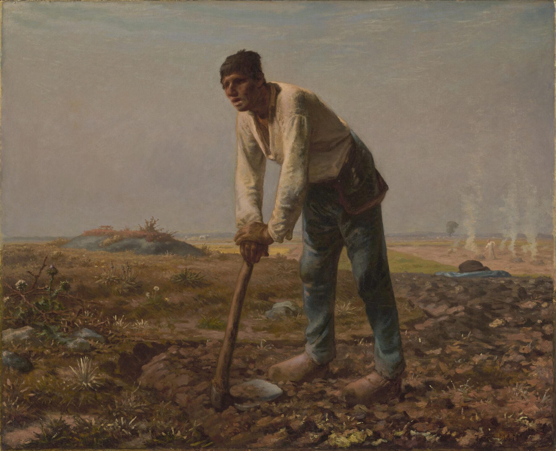 『鍬に寄りかかる男』 ジャン＝フランソワ・ミレー 1860-1862年頃 油彩・カンヴァス J・ポール・ゲティ美術館所蔵    農民が鍬にもたれて立つ場面