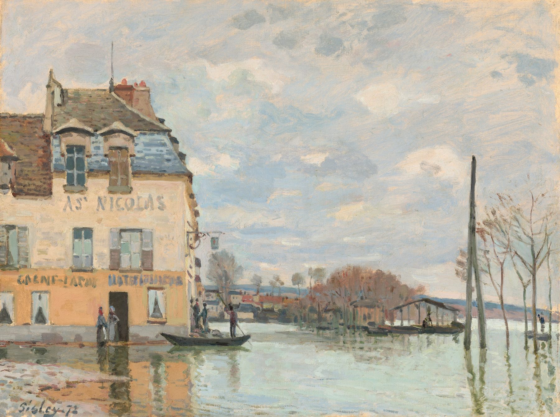 アルフレッド・シスレー《ポール＝マルリーの洪水》1872年、油彩・カンヴァス、46.4×61cm、ナショナル・ギャラリー・オブ・アート蔵
