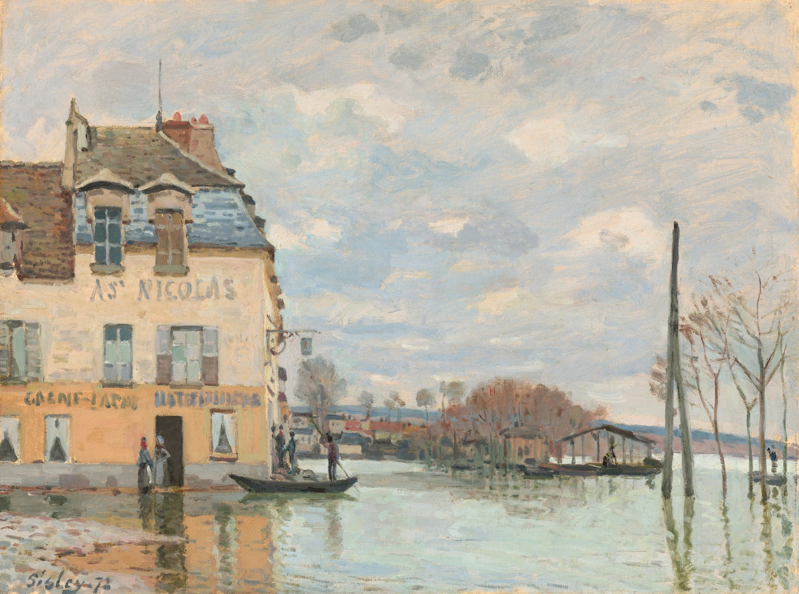 アルフレッド・シスレー《ポール＝マルリーの洪水》1872年、油彩・カンヴァス、46.4×61cm、ナショナル・ギャラリー・オブ・アート蔵