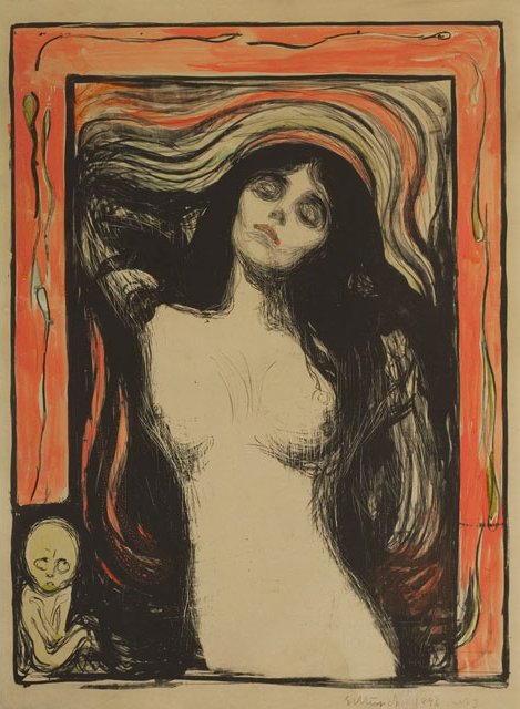 エドヴァルド・ムンク『マドンナ』1895–1896年、リトグラフ・手彩色、64.8×47.2cm、大原美術館所蔵