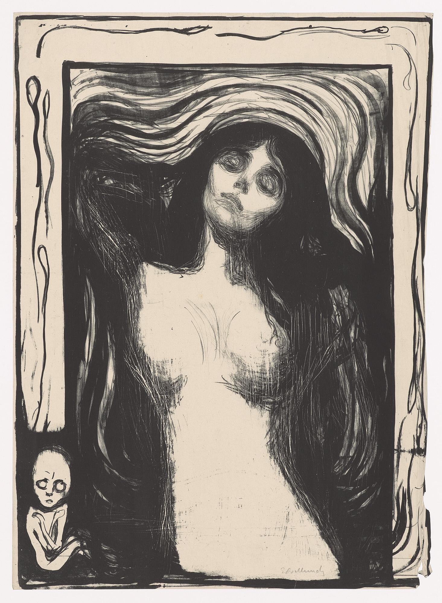 エドヴァルド・ムンク『マドンナ』1895年、リトグラフ、ムンク美術館（MUNCH）所蔵。画面を囲む精子を思わせる形と下部の胎児が、愛・誕生・死という主題をより明確にしている。