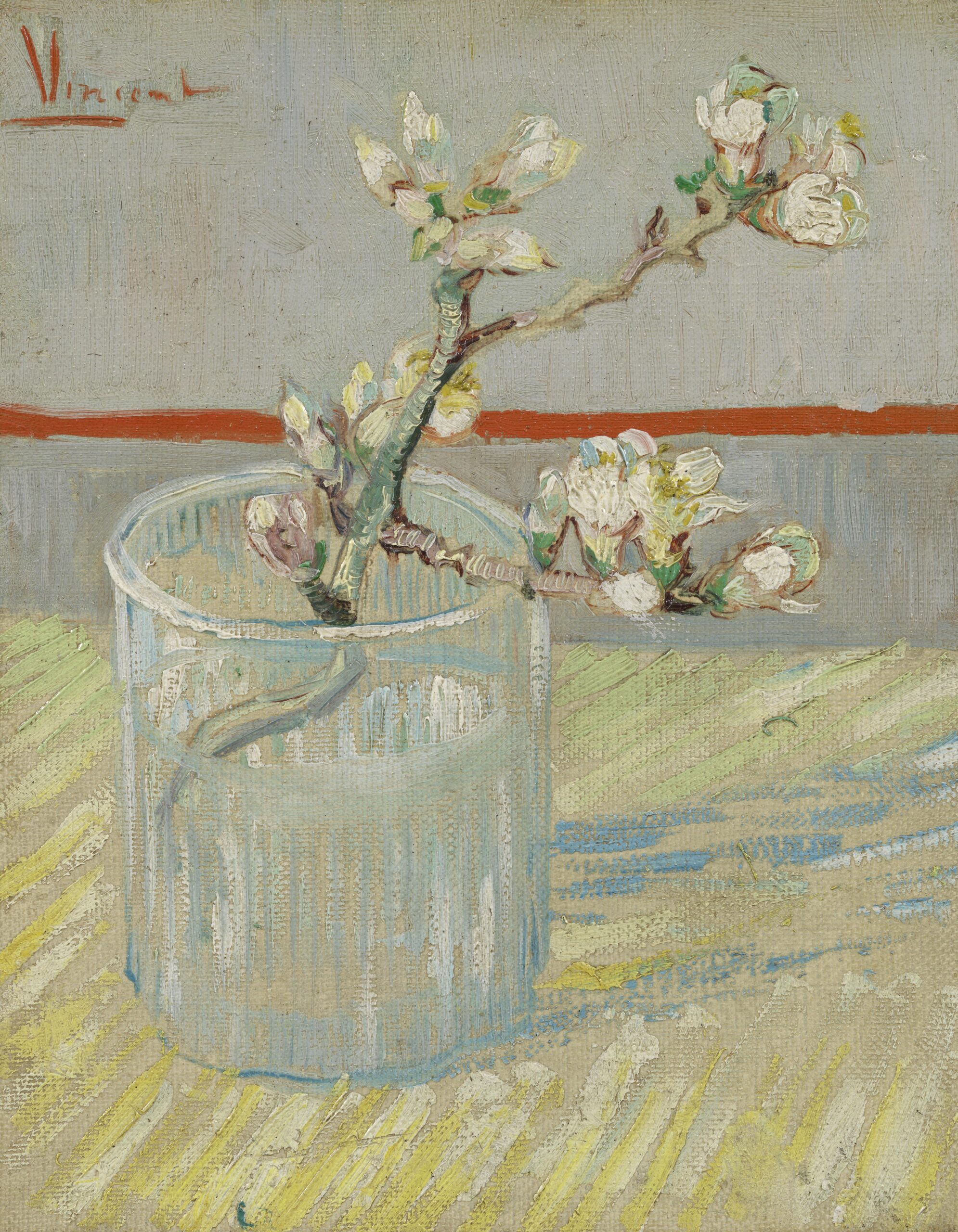 小さなグラスに挿した花咲くアーモンドの小枝を描いたゴッホの1888年の静物画