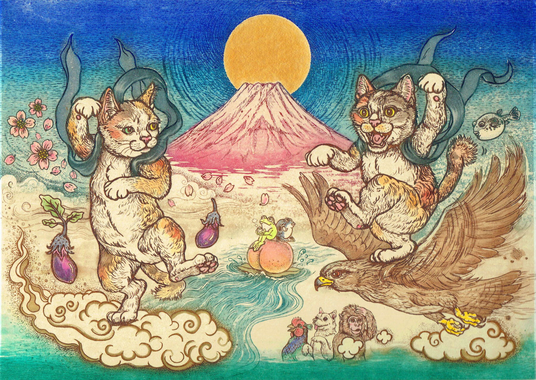 三浦麻梨乃、DM掲載作品「あそび心に幸あれ」限定部数50、サイズ25×35㎝、銅版画・手彩色