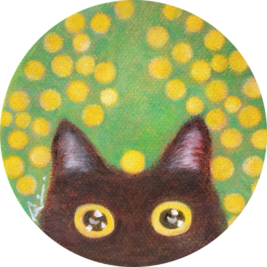 原田愛『黒猫とミモザ』パステル画、15×15cm