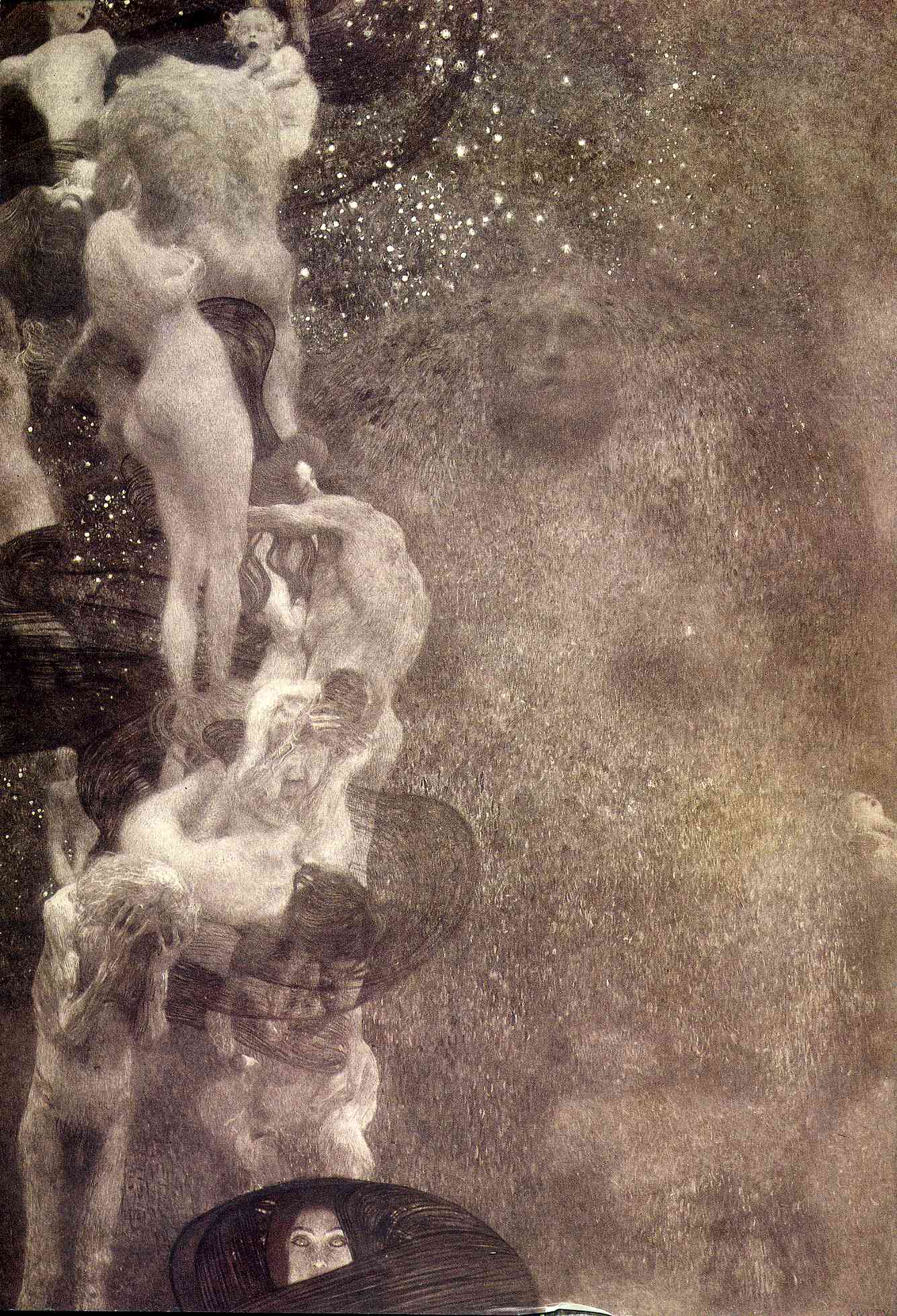 原画の記録写真：『哲学』／グスタフ・クリムト／1899～1907年／油彩・カンヴァス／430×300cm／旧個人蔵、1945年インメンドルフ城で焼失。画像は原画の白黒記録写真。