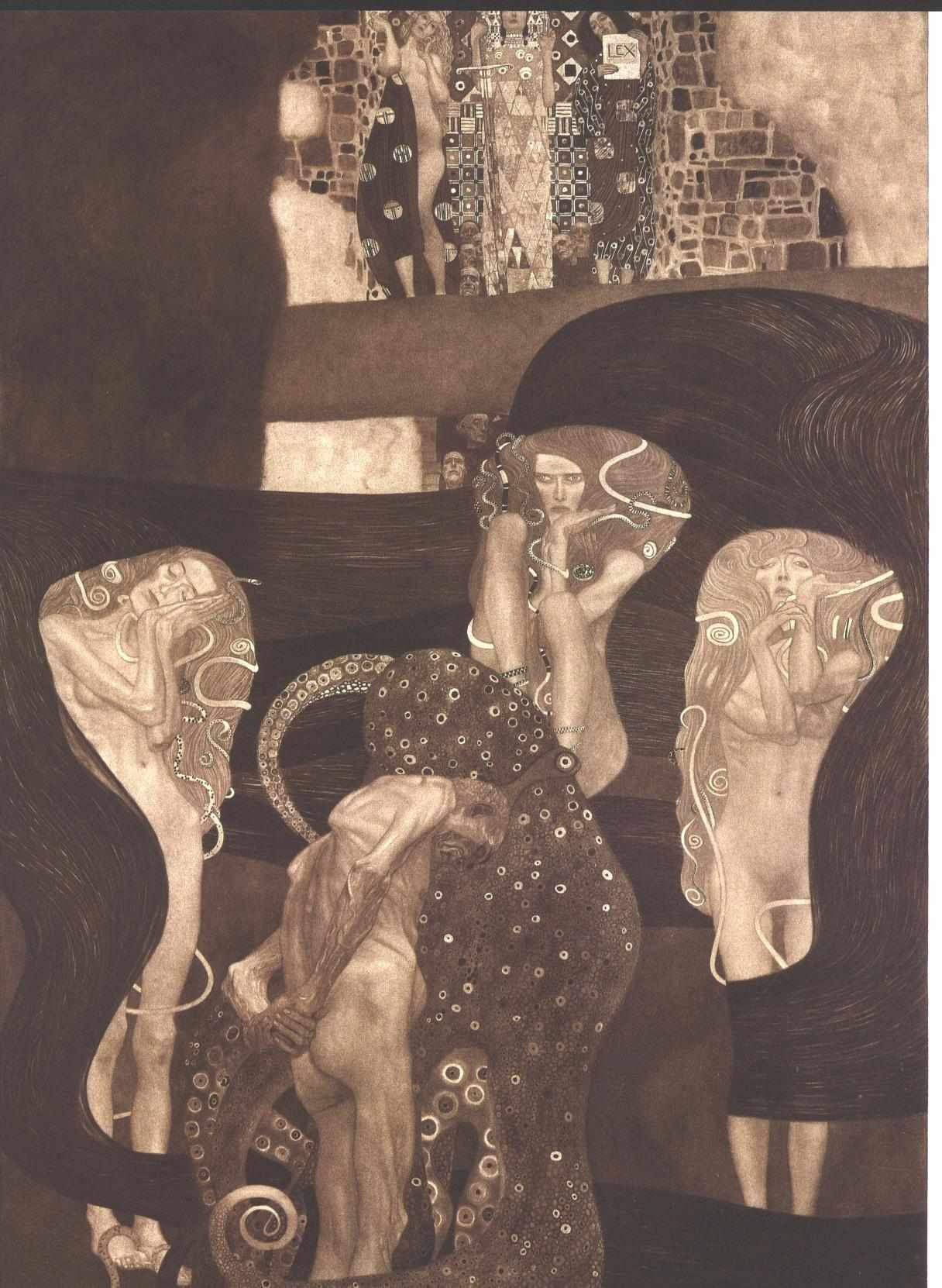 原画の記録写真：『法学』／グスタフ・クリムト／1903～1907年／油彩・カンヴァス／430×300cm／旧個人蔵、1945年インメンドルフ城で焼失。画像は原画の白黒記録写真。
