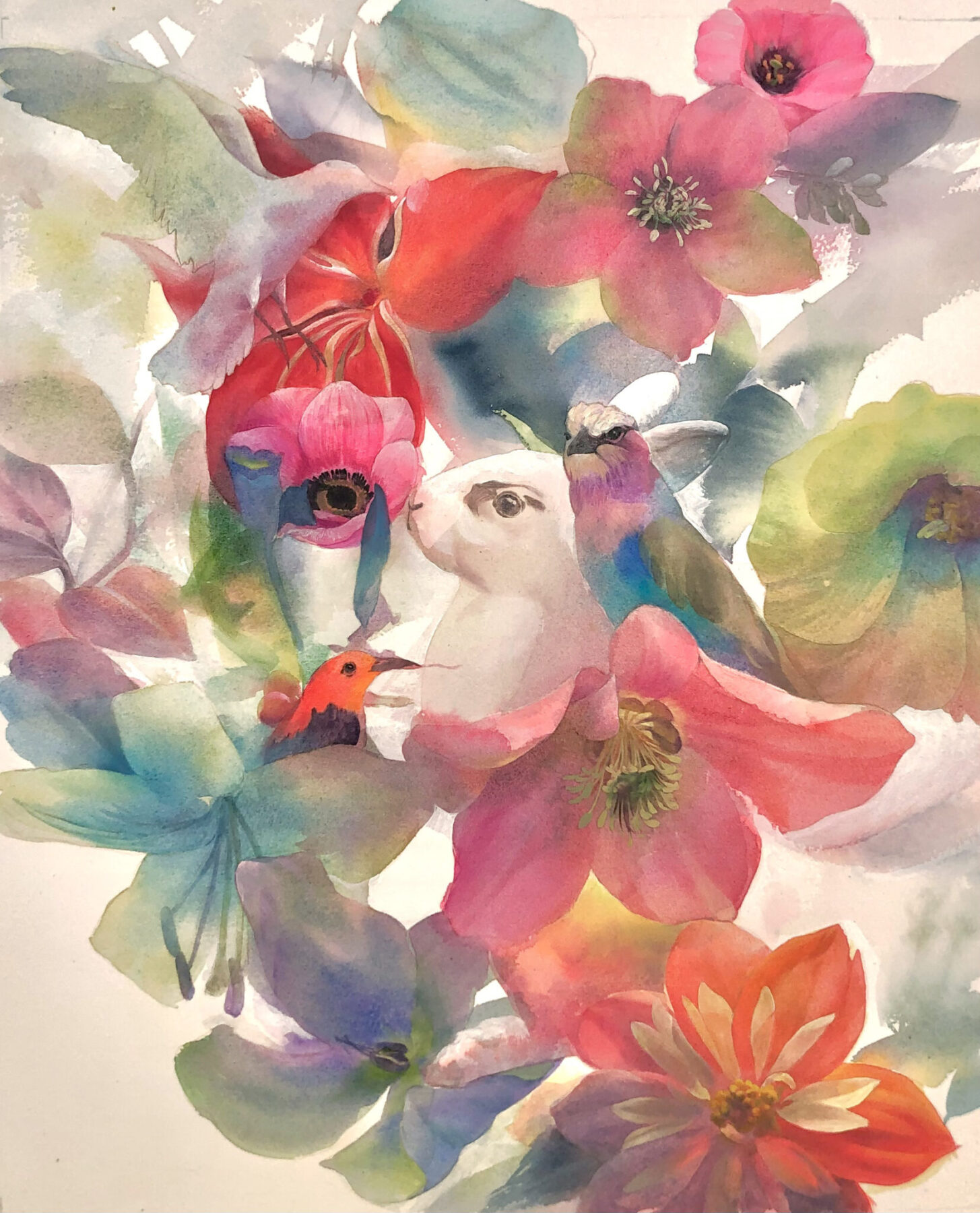 河端通浩「薄い霧に包まれ、振り向く目に花の音」水彩・油彩・アクリル樹脂、46.5×39cm