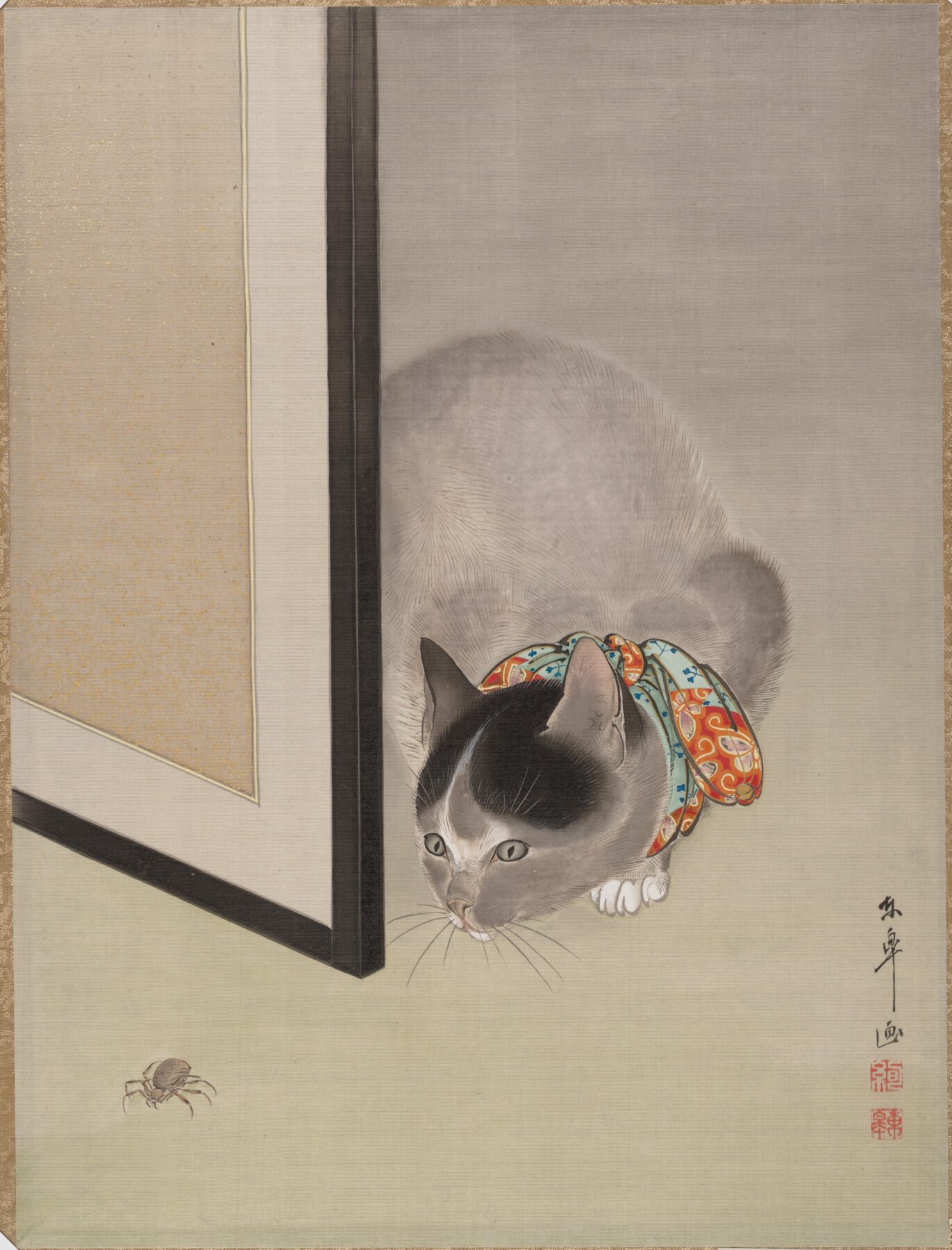 『猫に蜘蛛図』 大出東皐 1888–1892年頃 アルバム・リーフ、絹本墨画着色 メトロポリタン美術館  蜘蛛を見つめる猫を描いた日本画