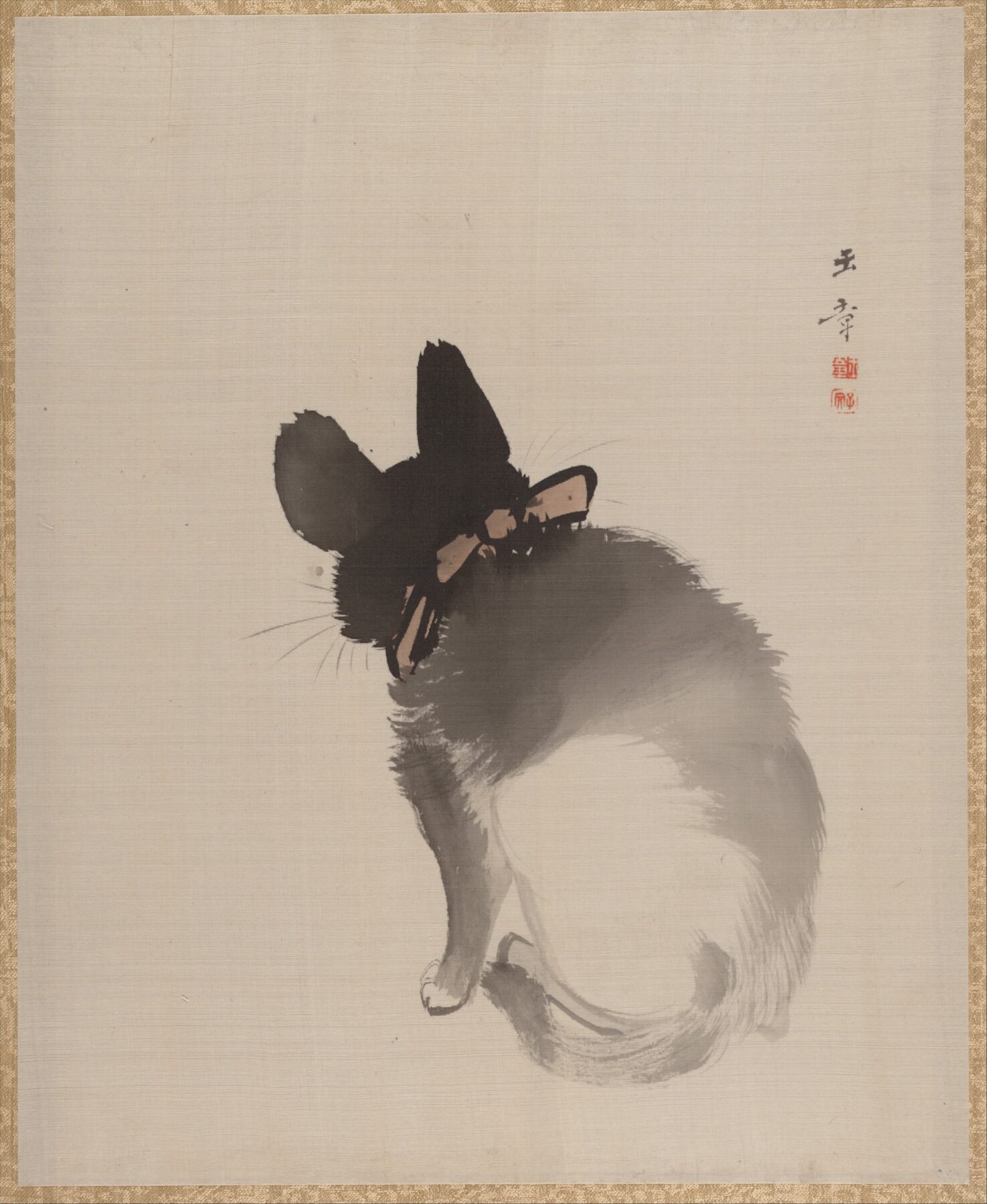 『猫図』 川端玉章 1868年 アルバム・リーフ、絹本墨画着色 メトロポリタン美術館   背中を向けて丸くなる猫を描いた日本画