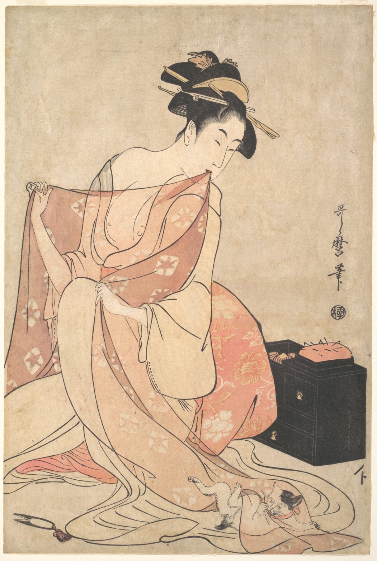 喜多川歌麿《針仕事をする女性とじゃれる子猫》1793-94年頃 木版多色摺・紙 メトロポリタン美術館   針仕事をする女性と布にじゃれる子猫の浮世絵