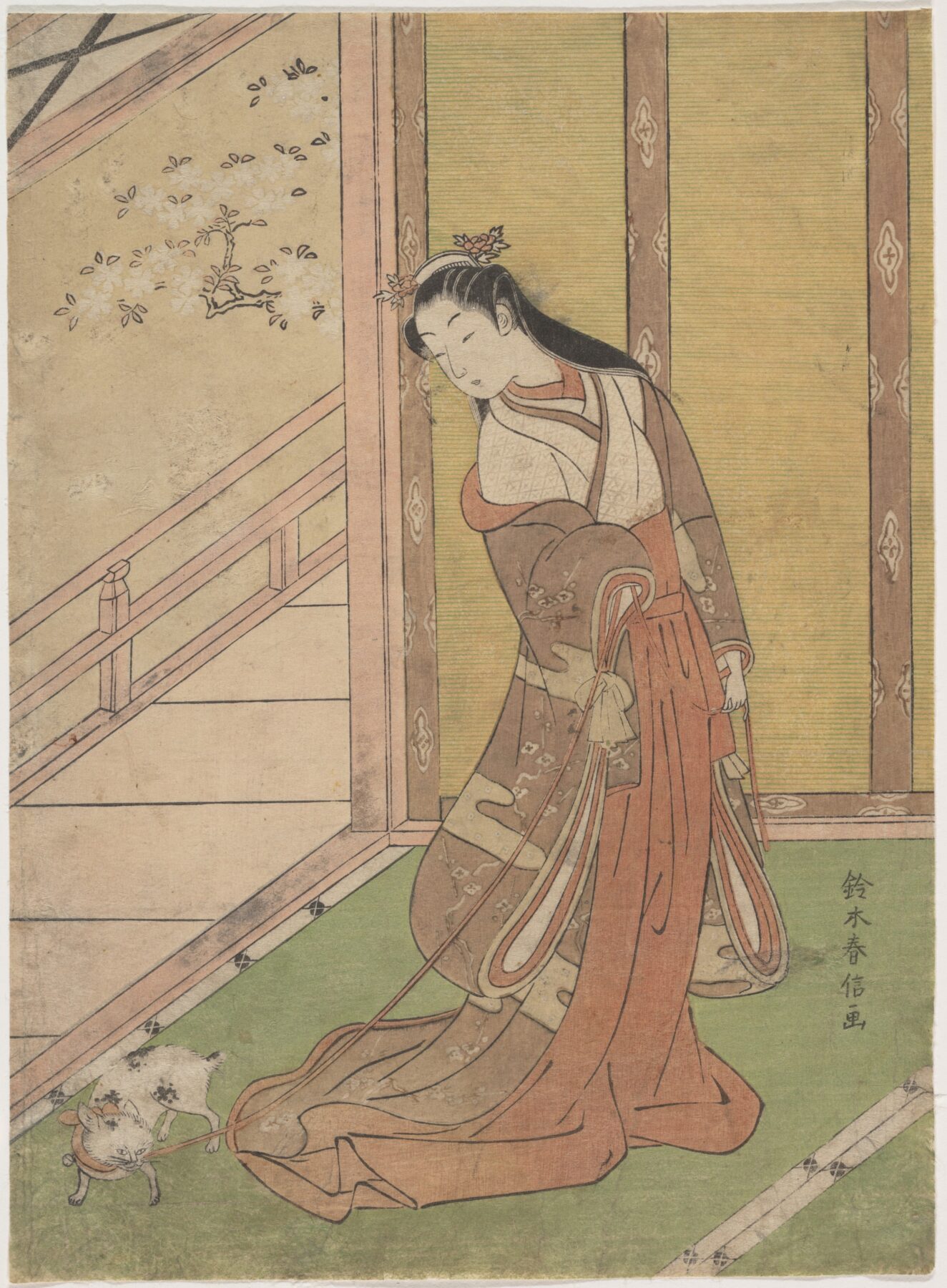 鈴木春信 1768–70 木版画・紙に墨と色 メトロポリタン美術館 女三の宮と猫を描いた浮世絵